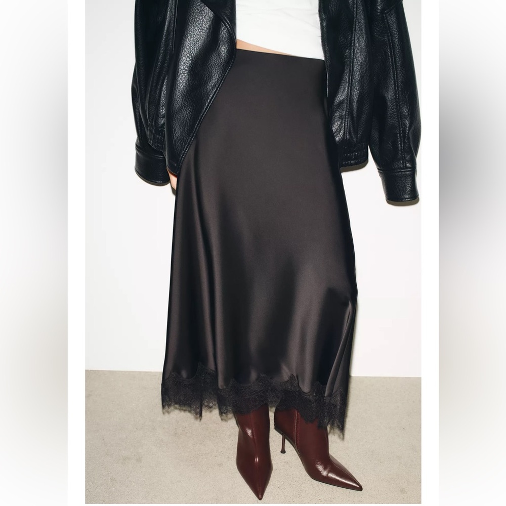 ZARA SATIN EFFECT LACE MIDI SLIP SKIRT, Black S NWT